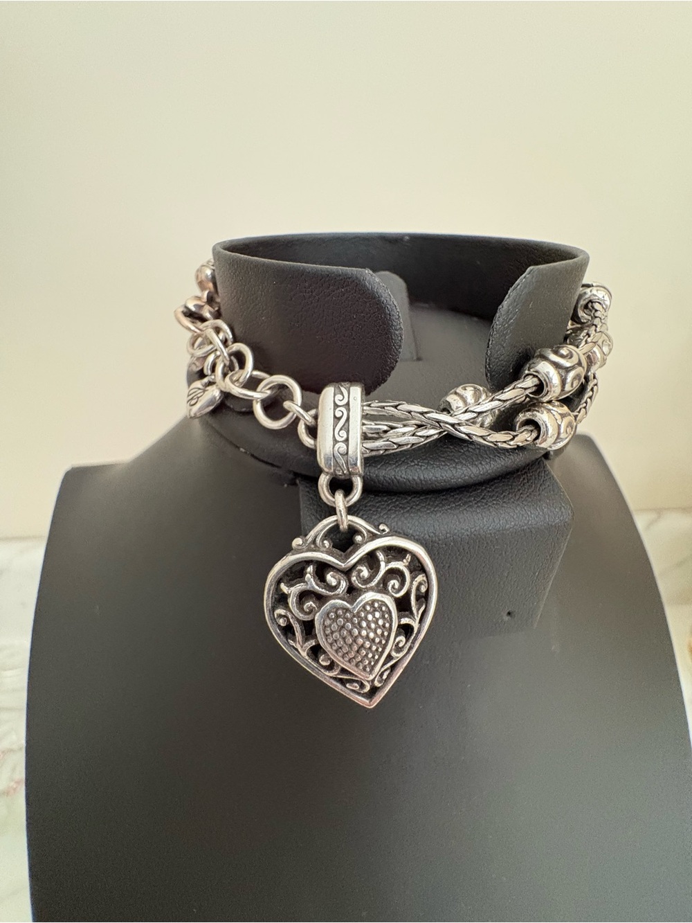 Brighton Silver Heart Charm Multi-Chain Bracelet - Matching Earrings Silver Tone